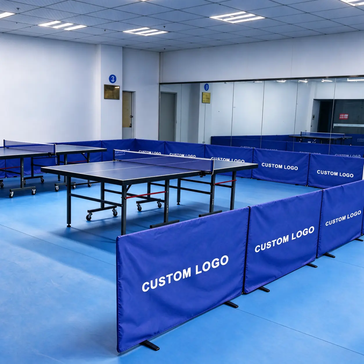 Table tennis venue with branded barriers
